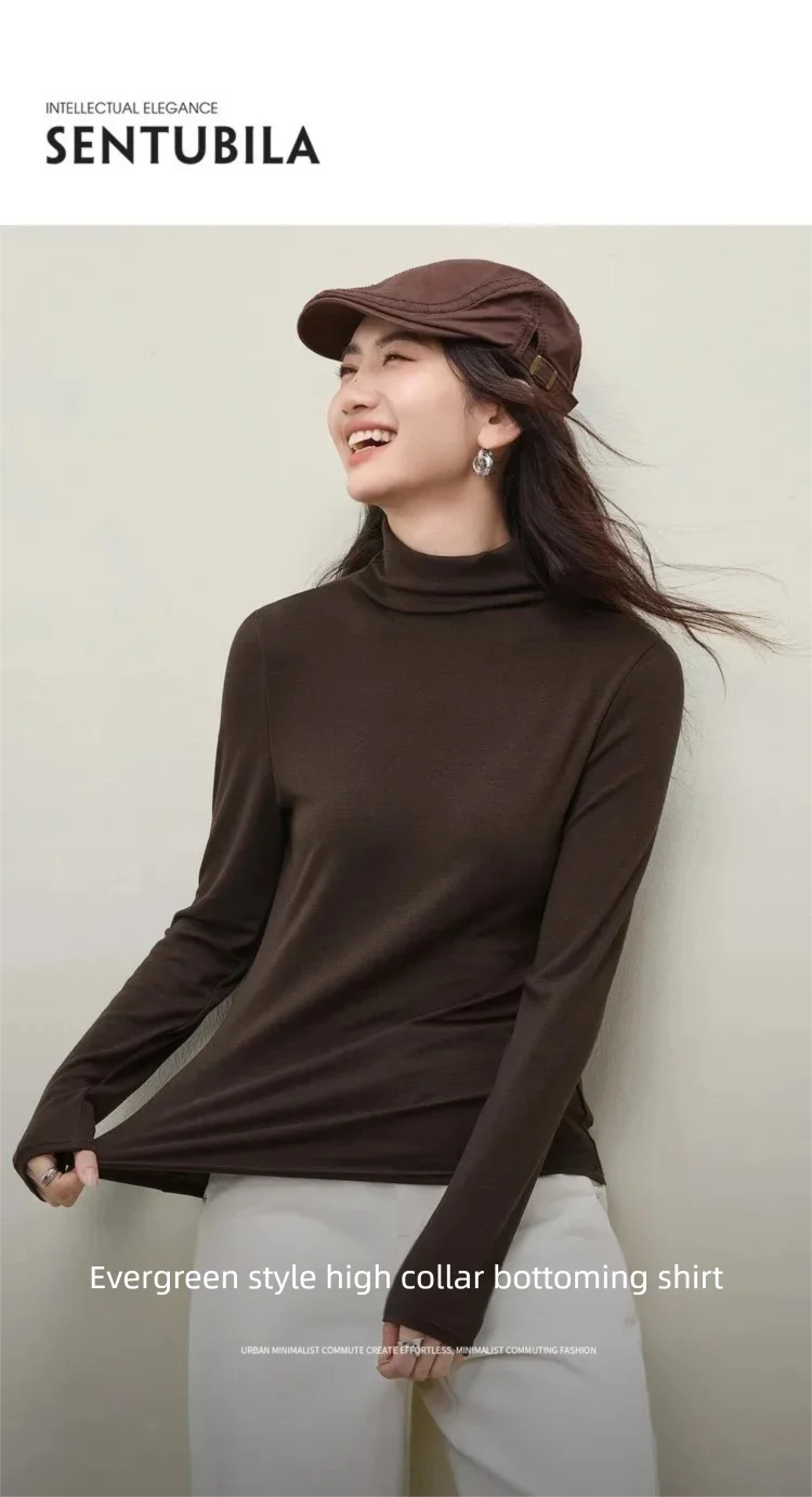 SENTUBILA Basics Tees für Damen 2026 Einfarbiges Wollmisch-Strick-T-Shirt Langarm Hochkragen Schlank Winter Damen Oberteile W54SF4912 – Detail 1