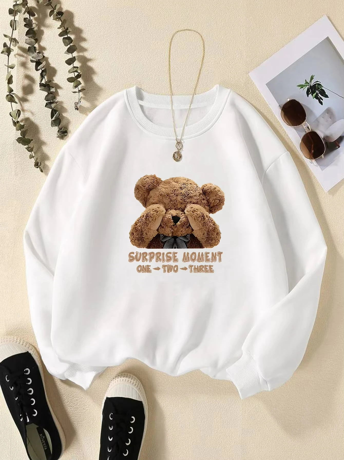 Bear Classic Printed Heat Lining, Crew Neck Loose Pullover, Long Sleeve Plus Velvet Sweatshirt Casual 2024 Winter New Women\'s ！