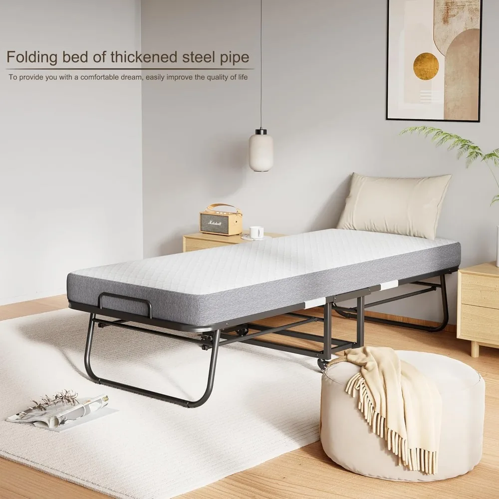 Раскладная кровать для взрослых и гостей с матрасом — прочная раскладная кровать, армированная сталь, автоматическое отверстие для ног, большой размер 75x46 дюймов