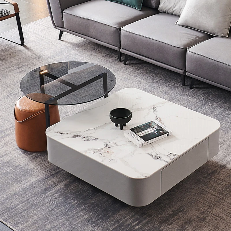 Italian Minimalist Square Marble Coffee Table Modern Living Room Marble Glass Top Coffee Table