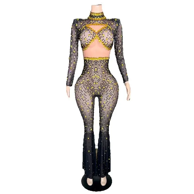 Black Gold Rhinestones Mesh Jumpsuit Women Party Gogo Dancer Costume Bar Nightclub Ds Dj Festival Outfit Stage Pole Wear XS9814