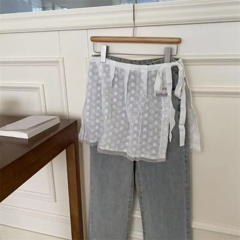 

Women Tie Waist Short Half Apron Skirt Flower Lace Layered Hip Scarf Underskirt