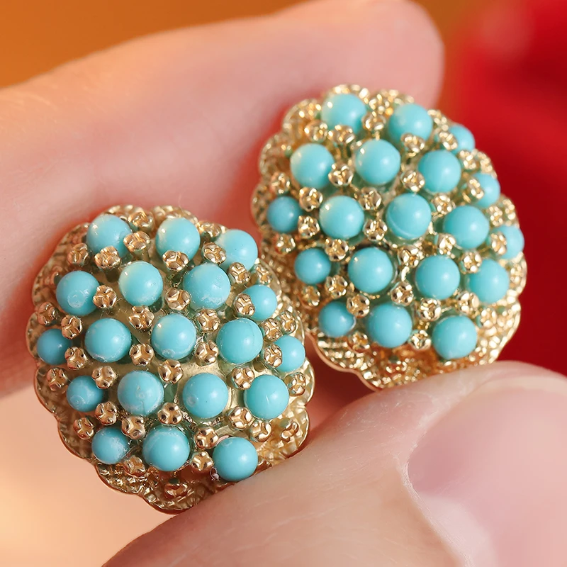 Trendy Bohemian Style Synthetic Turquoise Cluster Stud Earrings for Women Elegant Chic Design Banquet Vacation Jewelry Accessory