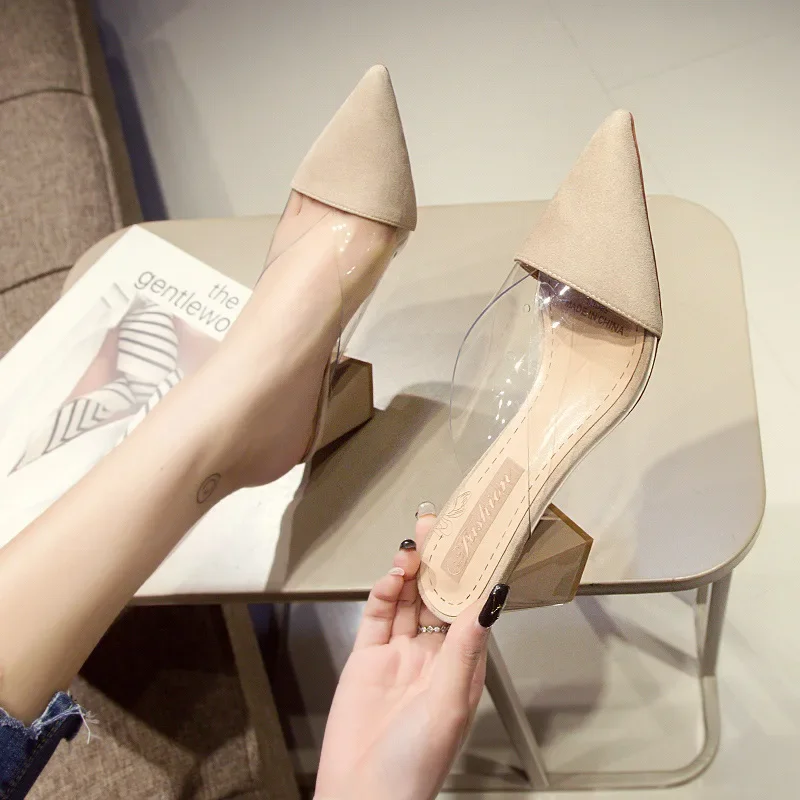 Slippers High Heel 7CM Solid PVC Shoes for Women Outside Wear Suede Slides Zapatos Mujer Pointed Sandalias Mujer Verano2023