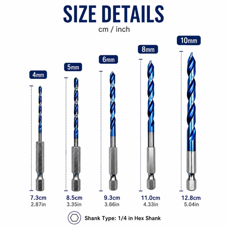 5Pcs Hex Shank Tile Drill Bit Set 4‑10mm, Multi‑Purpose Twist Drill Bits for Ceramic Tile Glass Concrete Home DIY Drilling Tools