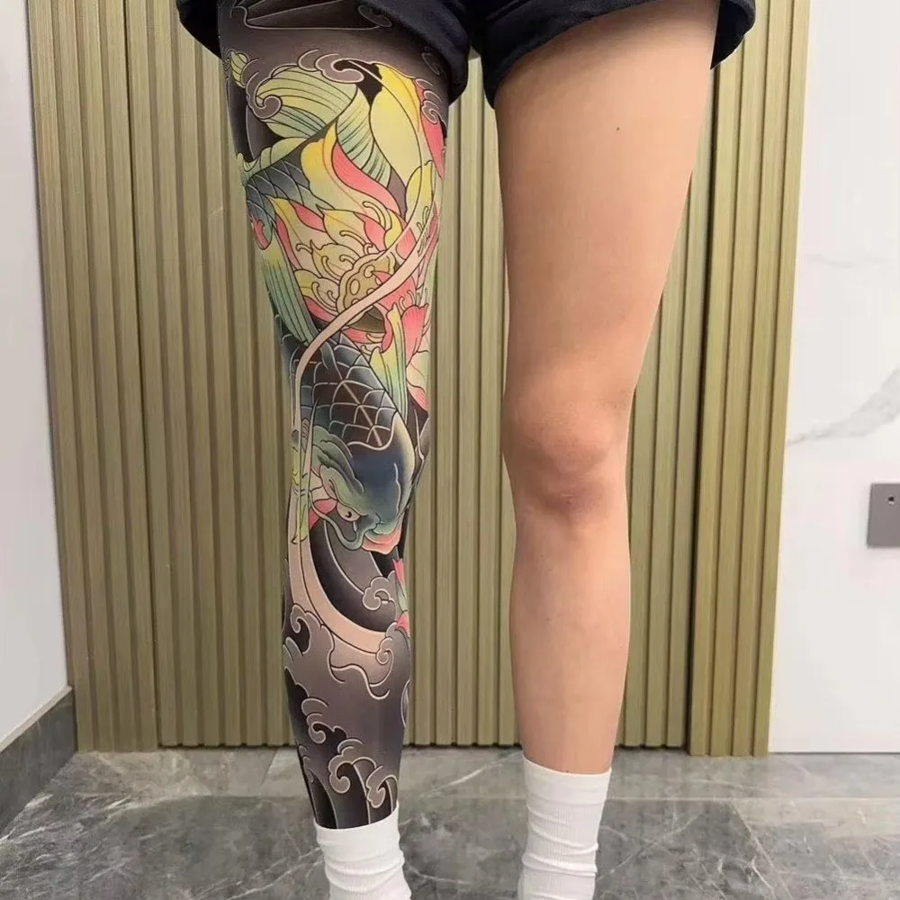 Perna cheia meias de tatuagem falsa impresso collants ciclismo pesca meias elásticas à prova de sol legal personalizado condução meias sexy