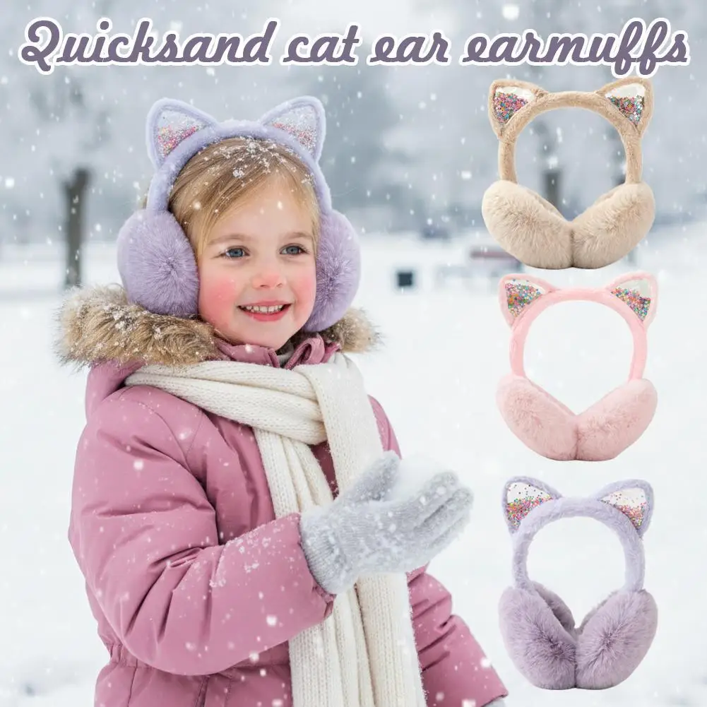 أغطية أذن لامعة على شكل قطة - لتدفئة الأذن من القطيفة على طراز K مع لامع للنساء والفتيات، أزياء شتوية لطيفة