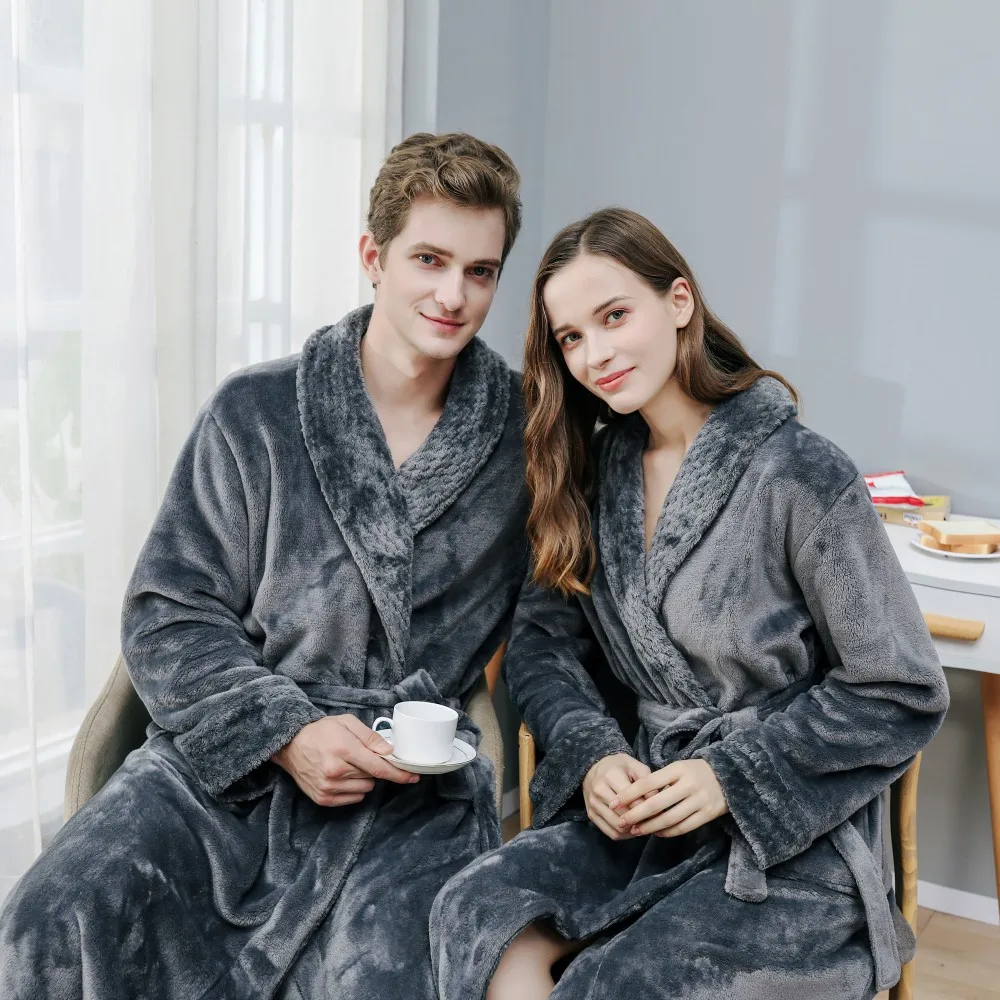 Couple Women's Flannel Bathrobes Long Thick Robe Soft Warm Belt Pockets Nightwear Hotel Spa Loungewear Winter Homewear Sleepwear