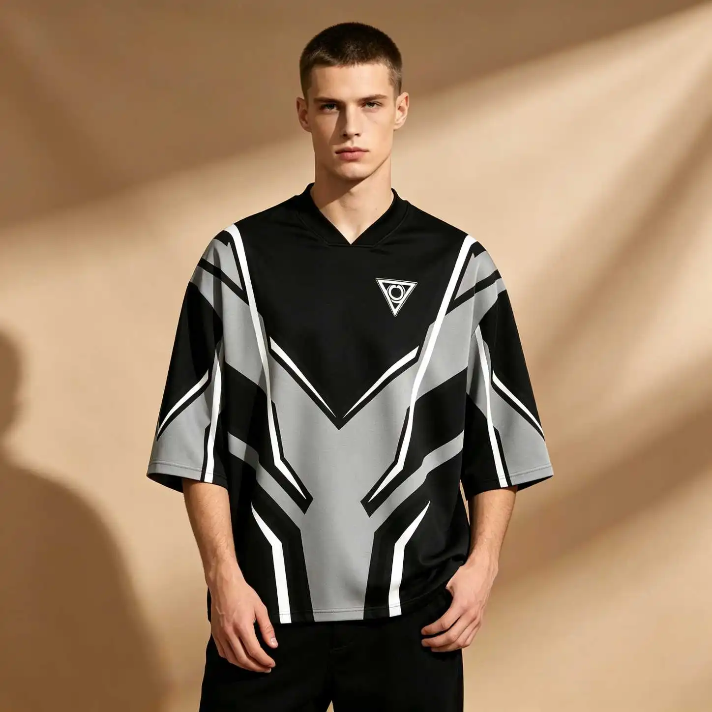 Summer Streetwear Urban Men Black Gray Geometric Triangle Print Oversized V Neck Elbow Sleeve Tee, Casual Loose Fit