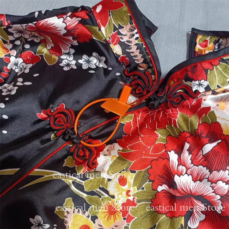 Gothic Dark Cheongsams Retro Button Down Vestidos Lady Sexy Flower Print Dress Lolita Jk Cosplay New Chinese Dresses Black Qipao