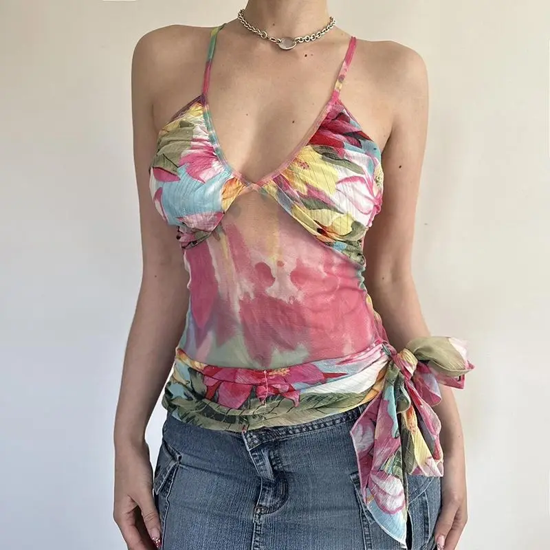 

Holiday Style Colorful Printed Camisole Vest, Women's Outerwear, See Through Mesh, Sexy Spicy Girl Top