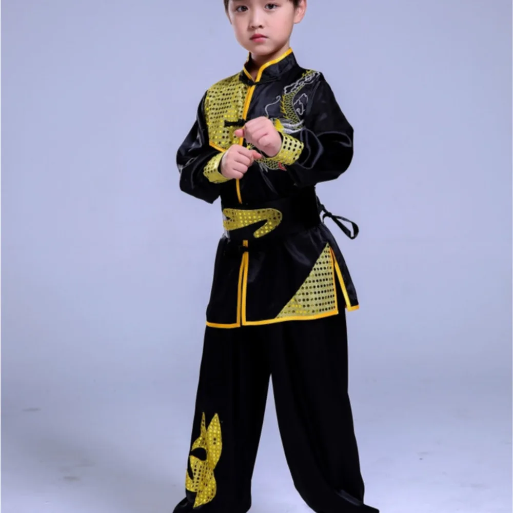 Stroje Wushu Tai Chi Kung Fu na występy sceniczne dla dzieci, chłopców i dziewcząt, chińskie tradycyjne, z cekinami i haftem smoka.