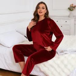 Plus Size 4XL Women Pajama Set Oversized Velvet Sleepwear Women's Crewneck Suit Winter Long Sleeves Trousers Warm Loungewear Pjs