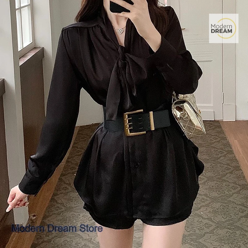 فستان بحزام معدني للسيدات من الدرجة العالية الفرنسية للربيع والخريف تنورة قميص بشريط من الساتان بمزاج الأخت الأكبر سناً