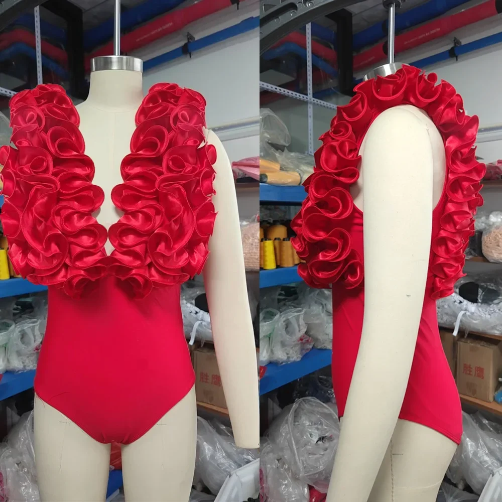 2024 Solid Red Flower One Piece Swimsuit Luxury Women Swimwear Sexy Swim Suit Deep V Monokini Off Shoulder Bodysuit Bathingsuit