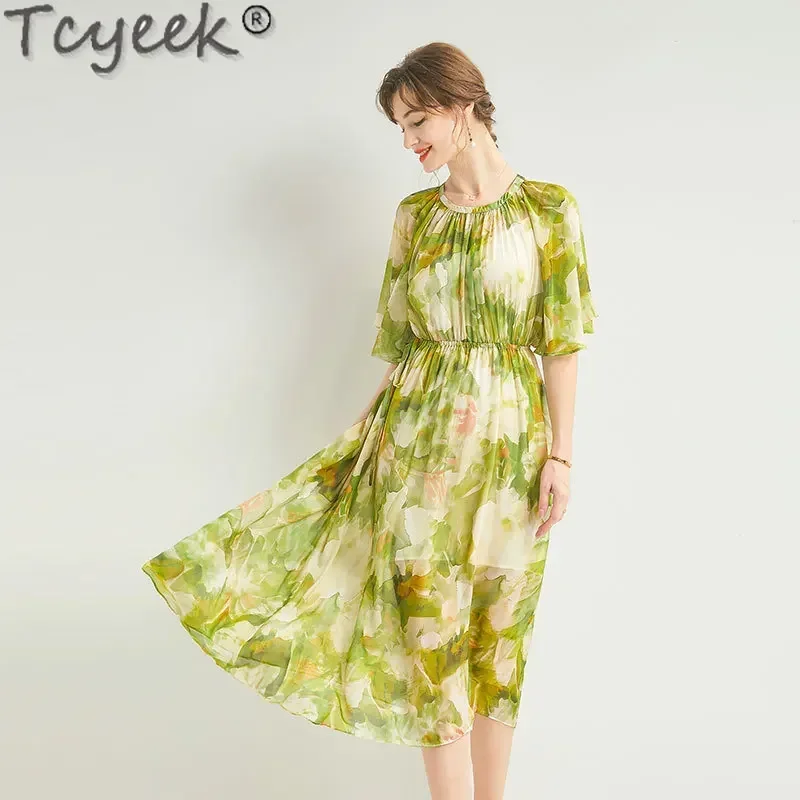 Tcyeek 100% vestidos de seda amoreira real elegantes vestidos femininos moda vestido longo roupas de verão feminino 2024 vestidos de mujer