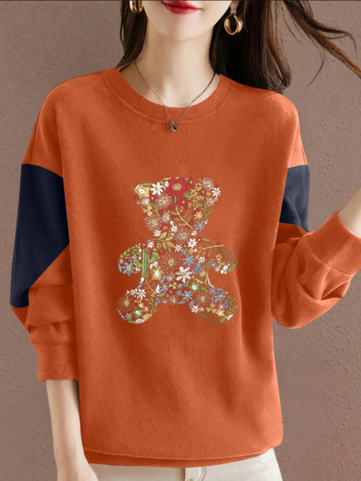 

Pure Cotton Long Sleeve Casual Sweatshirt Women's Spring Autumn Versatile Slimming Fashion Print Top Comfortable Fit round Neck
