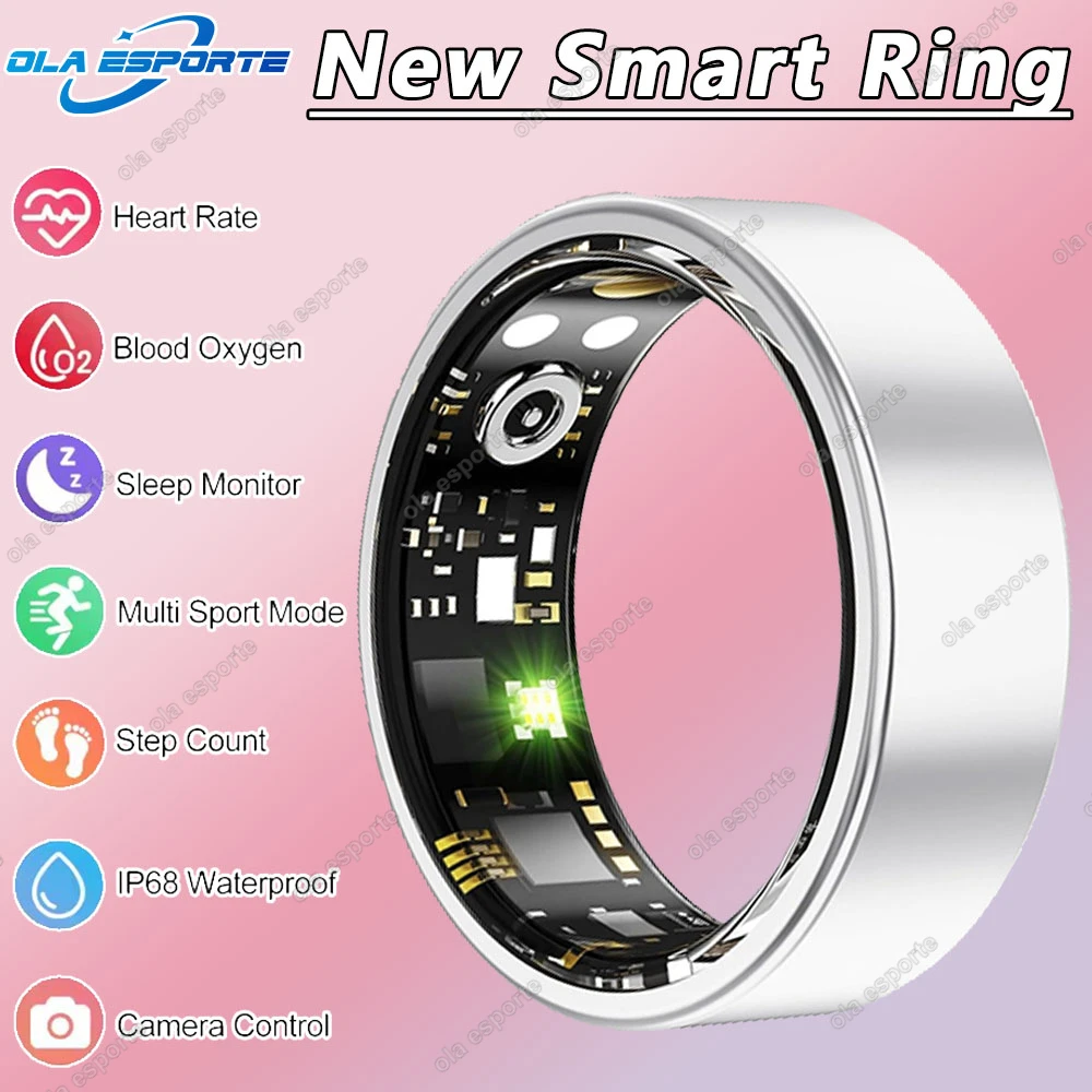 Ola Esporte Smart Ring Männer Frauen mit Ladehülle, Blutdruck Herzfrequenz Blutsauerstoffmonitor, Kamerasteuerung 5ATM wasserdichter Smartring 6