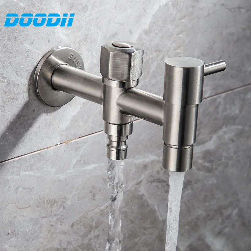 Wall Mount 304 Stainless Steel Double Using Holder Brushed Washing Machine Faucet Mop Pool Tap Practical Small Water Bibcock