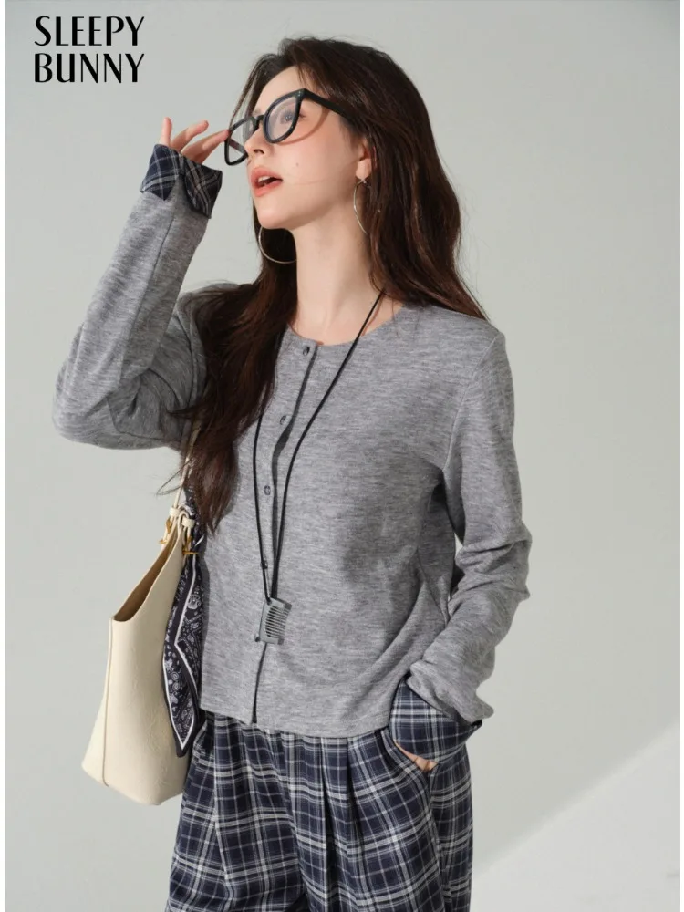 

Plaid Patchwork Long Sleeve Top for Women Retro Round Neck Knit Tee Elastic Layered Design Slim Base Shirt Autumn Casual Outfit