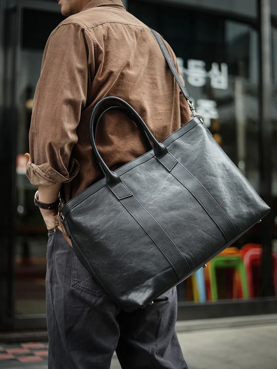 Sac à Main en Cuir group Noir Souple pour Homme, Fourre-Tout de Grande Capacité pour Ordinateur, Étui à Bombes, Bandoulière de Voyage