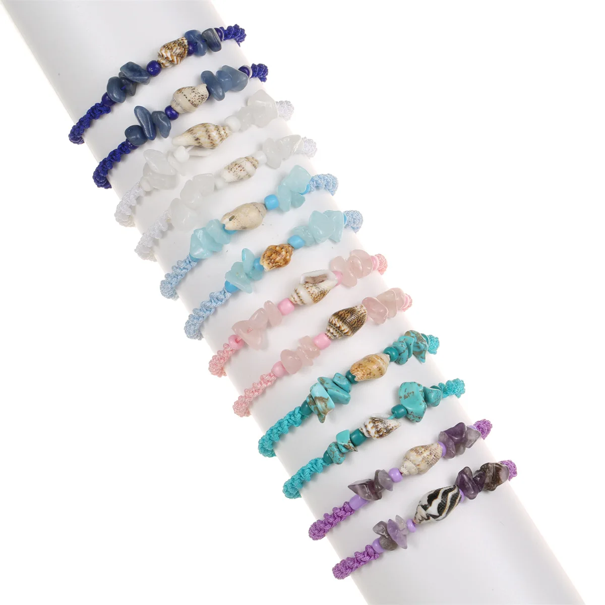 12pcs/card Natural crushed stone conch Woven Bracelet Adjustable twist string Lucky Friendship Bracelet