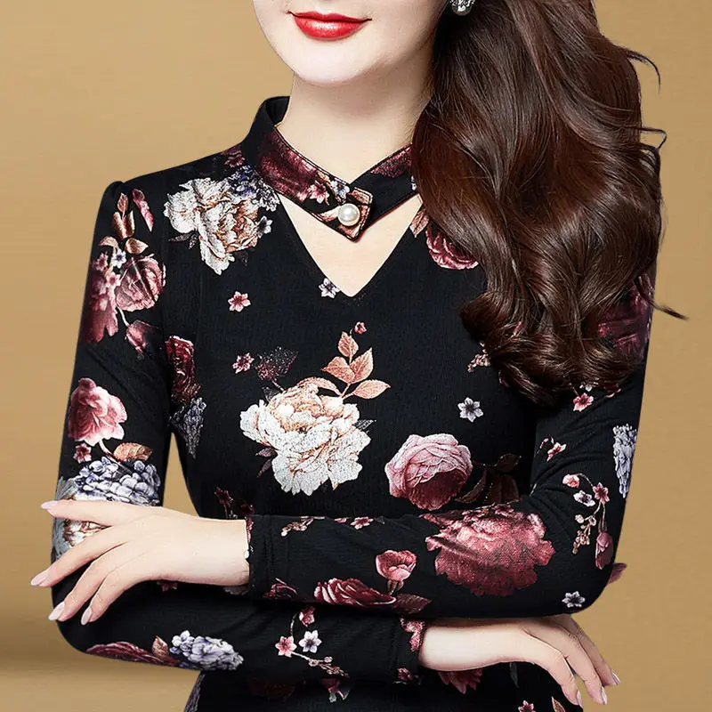 Hollow Out Printing Bottoming Shirt Spring Autumn New Long Sleeve Plus Size Slim Tops Tees Vintage Elegant Women Clothing