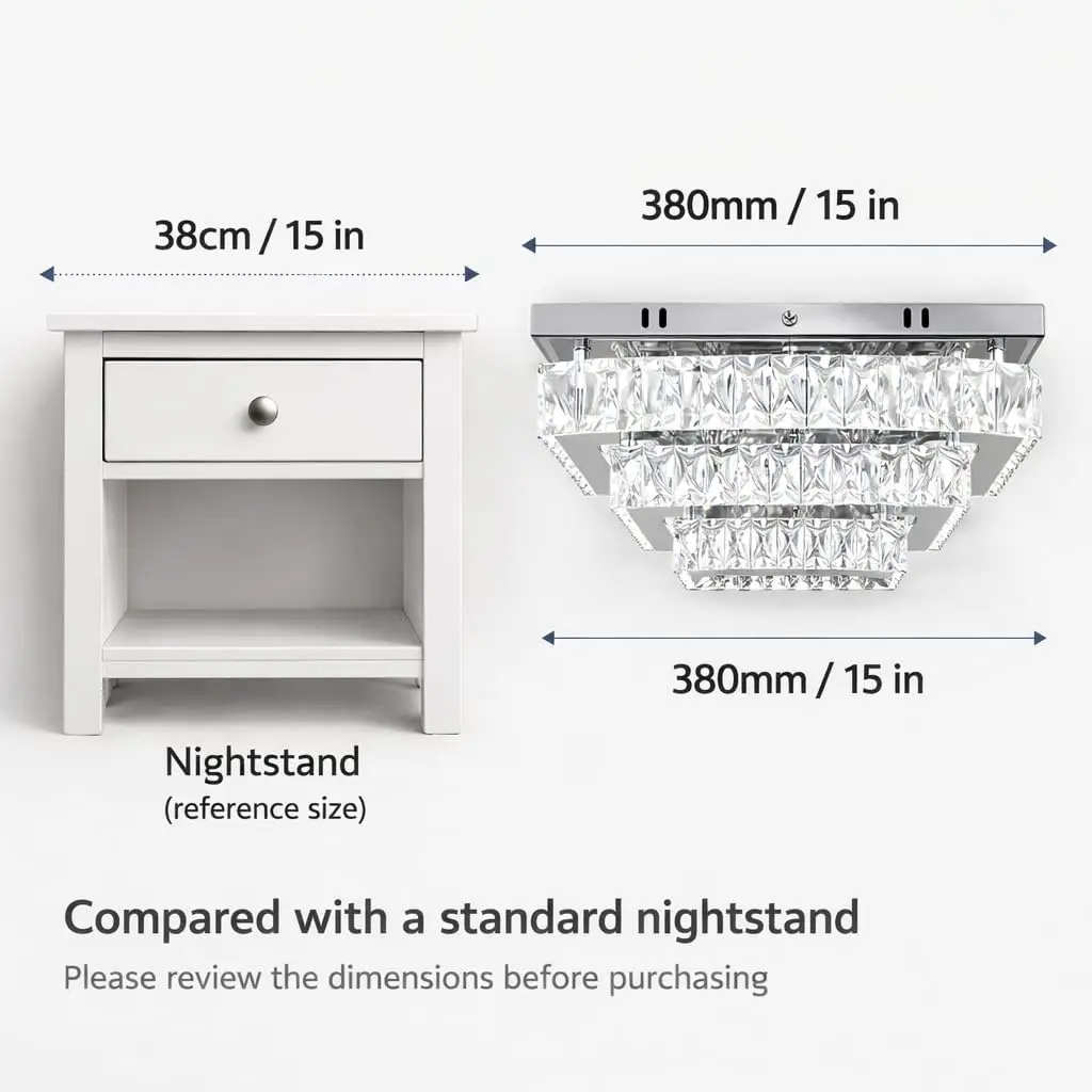 Dimmable Square Crystal Flush Mount Ceiling Light, 15