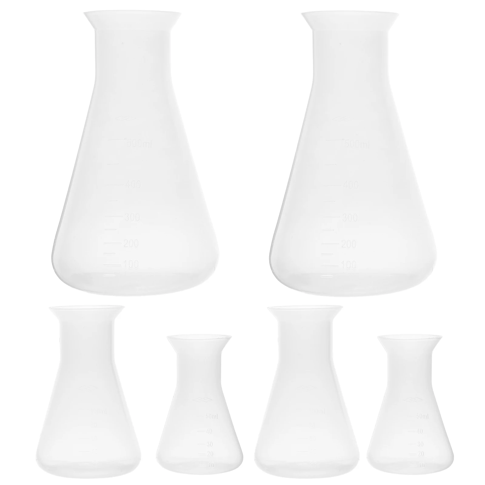 

6Pcs Plastic Conical Flasks Wide Mouth Lab Bottles Transparent Embossed Scale Graduated Liquid Measuring Chemistry Supplies