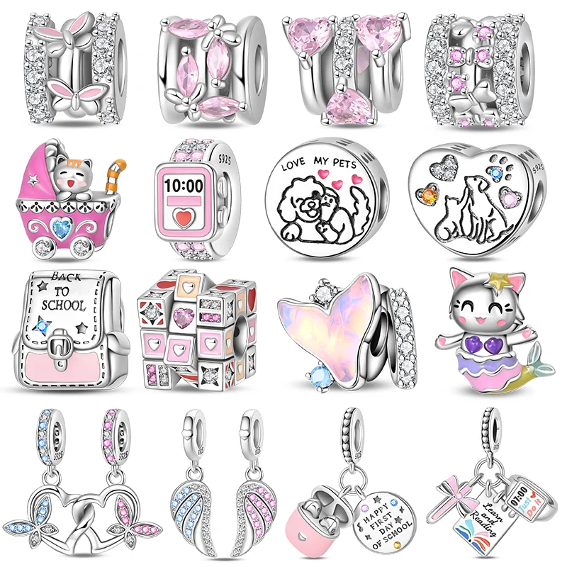 

925 Sterling Silver Rubik's Cube Pet Cat Charm Pink CZ Beads Dangle Pendant Fit Original Charms Bracelets Women DIY Jewelry Gift