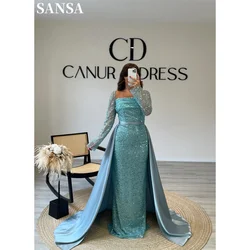 Sansa Exquisite A-line Detachable Tail Sequin Evening Dress Floor-Length Mother Of Bride Dress long Sleeve vestidos de fiesta