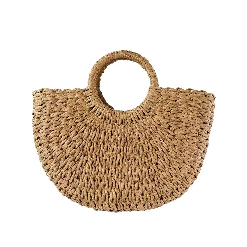Hand Woven Straw Woven Handbag Hollow Out Crossbody Shoulder Hand Woven Bag Large Tote Boho Half-Moon Straw Handbag Travel Use