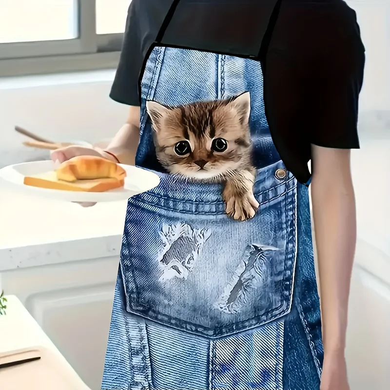 Grembiule da cucina per gatti tascabili blu denim da 1 pezzo, adatto per cucinare, cuocere al forno, pulire la casa, barbecue e feste all'aperto