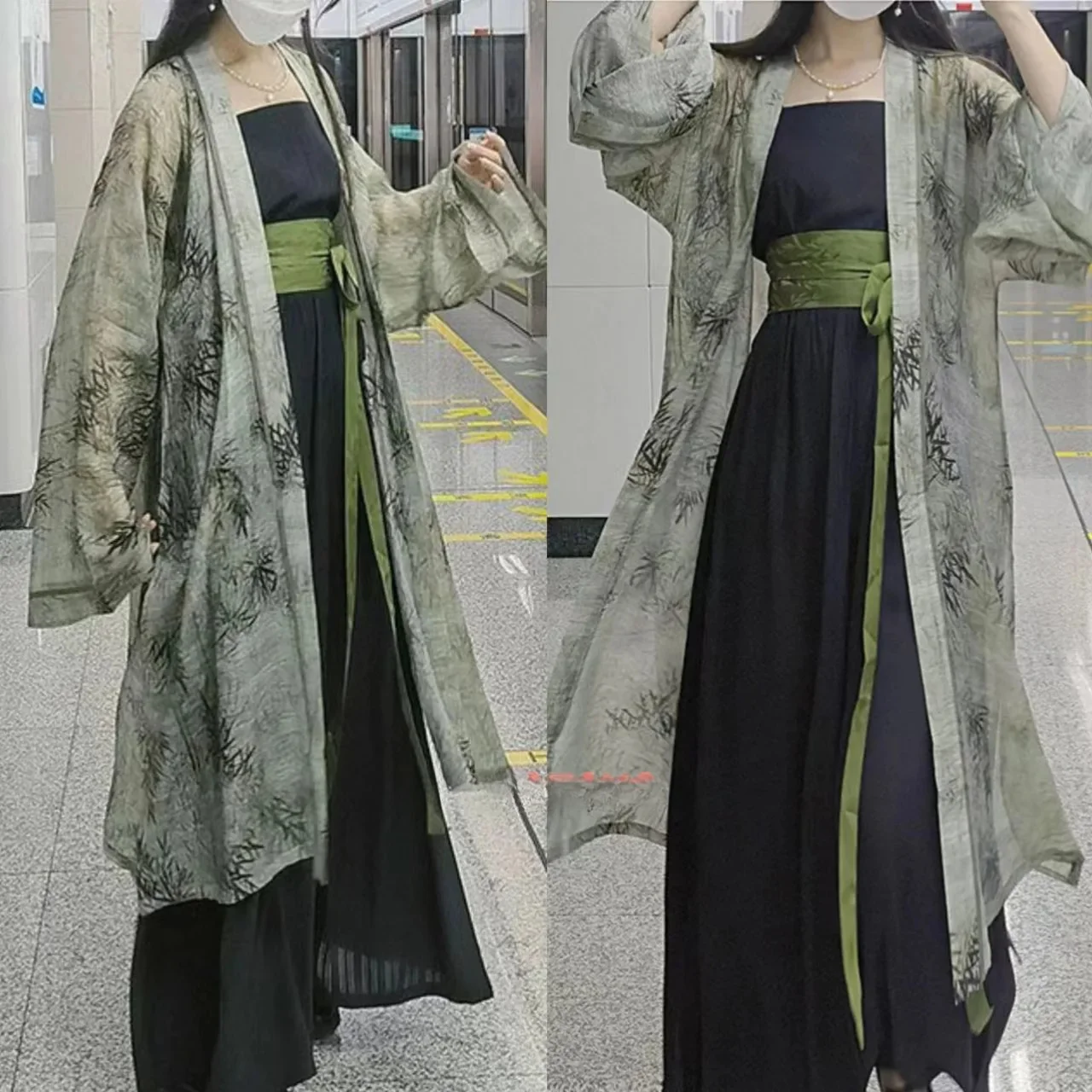 Traje de 2 piezas de estilo chino Hanfu para mujer, traje holgado de la dinastía Song, bata Kimono, monos Vintage, verde, nuevo