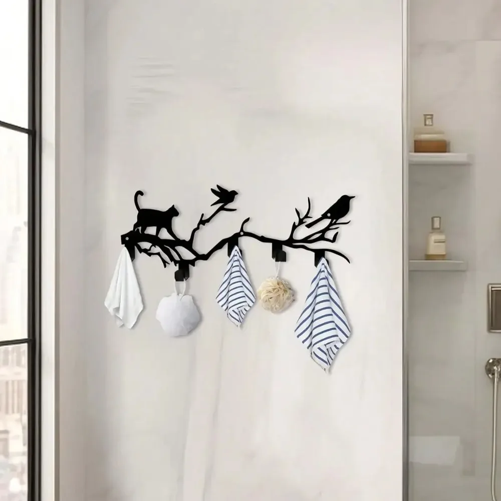 Iron Branch Cat Bird Wall Decor, Metal Hook for Entryway, Animal Home Office Art, Gift