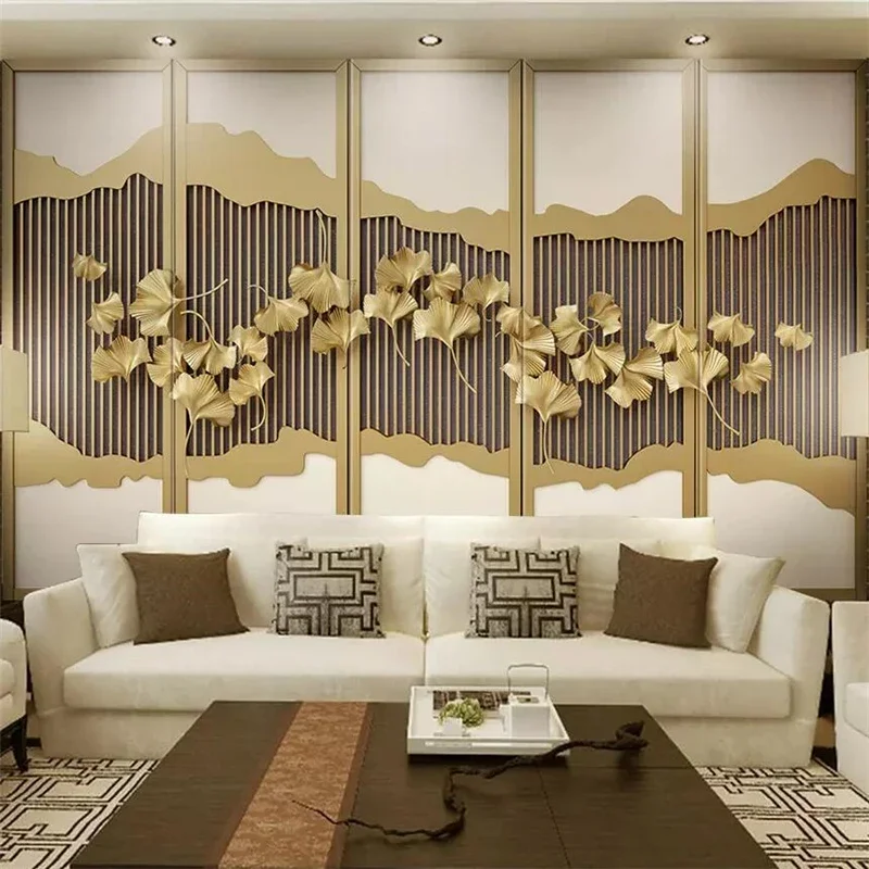 

Custom wallpaper 3d mural new Chinese gold ginkgo leaves line TV background Zen artistic conception abstract ink landscape mural