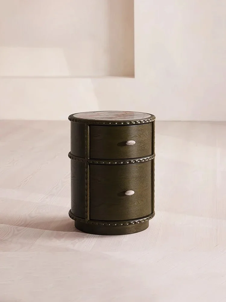 Medieval marble bedside table, round mini solid wood black bedside storage cabinet, small apartment niche