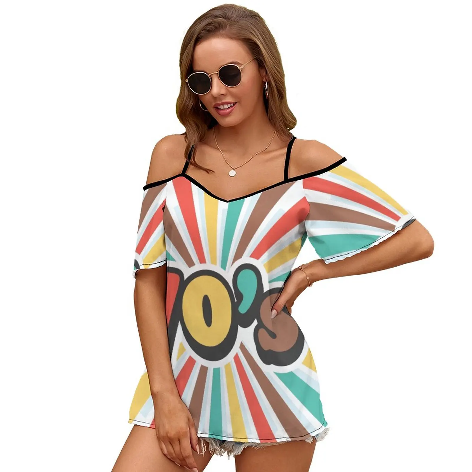 70S Women Short Sleeve Tops O-Neck Hollow Out Shoulder Strap Tees Streetwear 70S Movie That 70S Show Vintage Disco Classic Punk