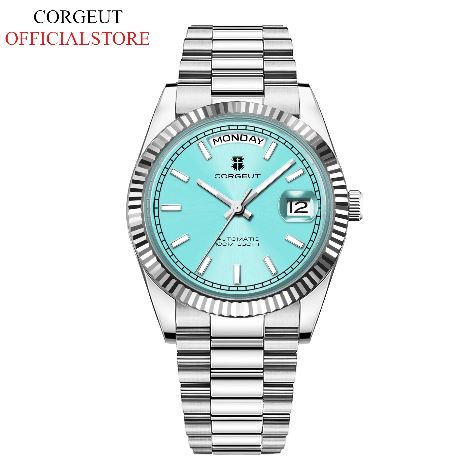 CORGEUT NH36 Automatische mechanische Herrenuhr mit Tages- und Datumsanzeige, Präsidentenarmband, Stahlgehäuse, wasserdichte, leuchtende Armbanduhr