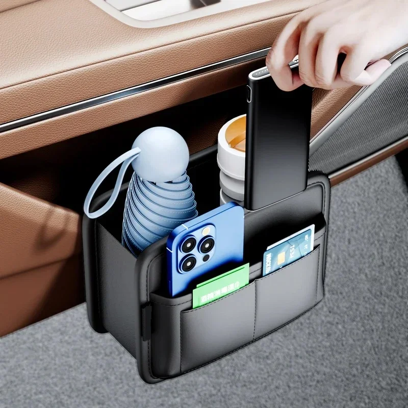 Car Side Door Storage Box Leather Phone Cards Pouch Multi-pocket Auto Seat Back Hanging Organizer Small Trash Can Bin Organizer