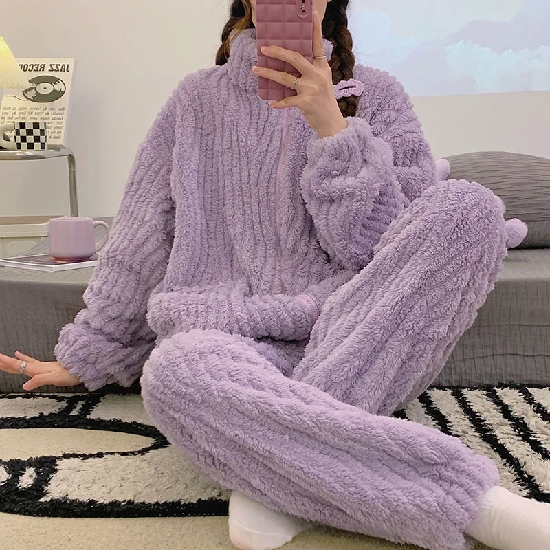 

Korean Style Thickened Coral Fleece Zipper Warm Sleepwear Home Clothes for Girls Students Long Sleeve Stand Collar Home Clothes