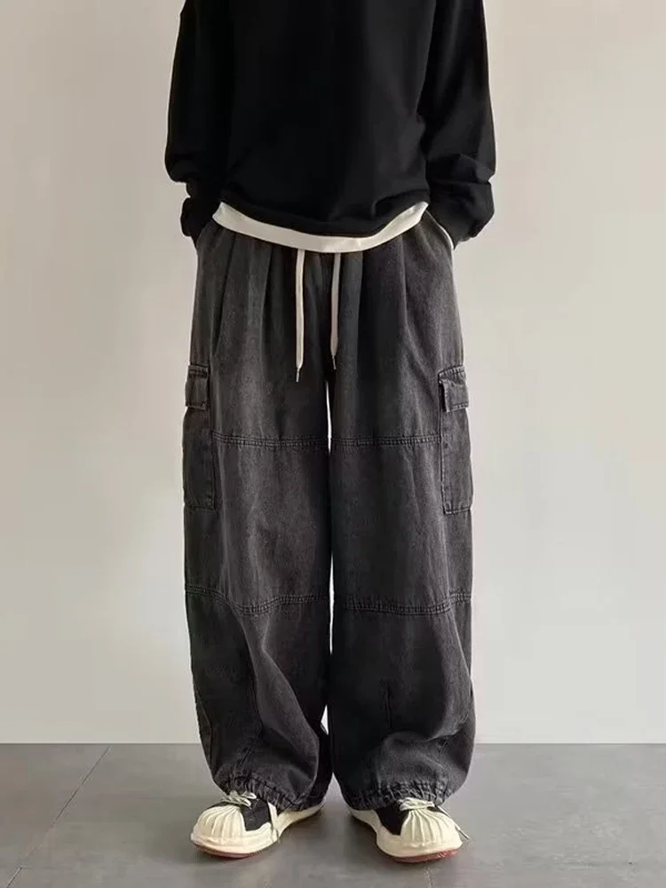 

Джинсовые брюки для мужчин с регулируемым шнурком Y2k, универсальные мешковатые джинсы-карго, мужские широкие брюки для бега в стиле хиппи, мужская уличная одежда