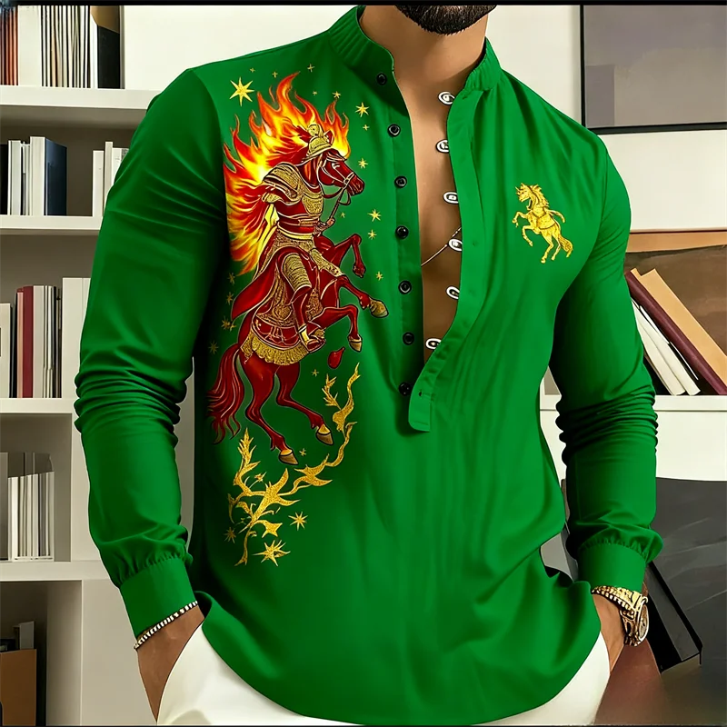 

Men's long sleeved warrior horse print ethnic shirt | Green, red and gold pattern | Office/event business casual formal shirt