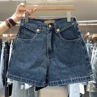 Pantalones cortos vaqueros de verano 2025 para mujer, pantalones cortos informales de pierna ancha de longitud media, versátiles, de cintura alta, holgados, de pierna recta