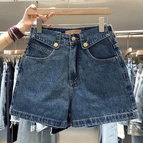 Pantalones cortos vaqueros de verano 2025 para mujer, pantalones cortos informales de pierna ancha de longitud media, versátiles, de cintura alta, holgados, de pierna recta