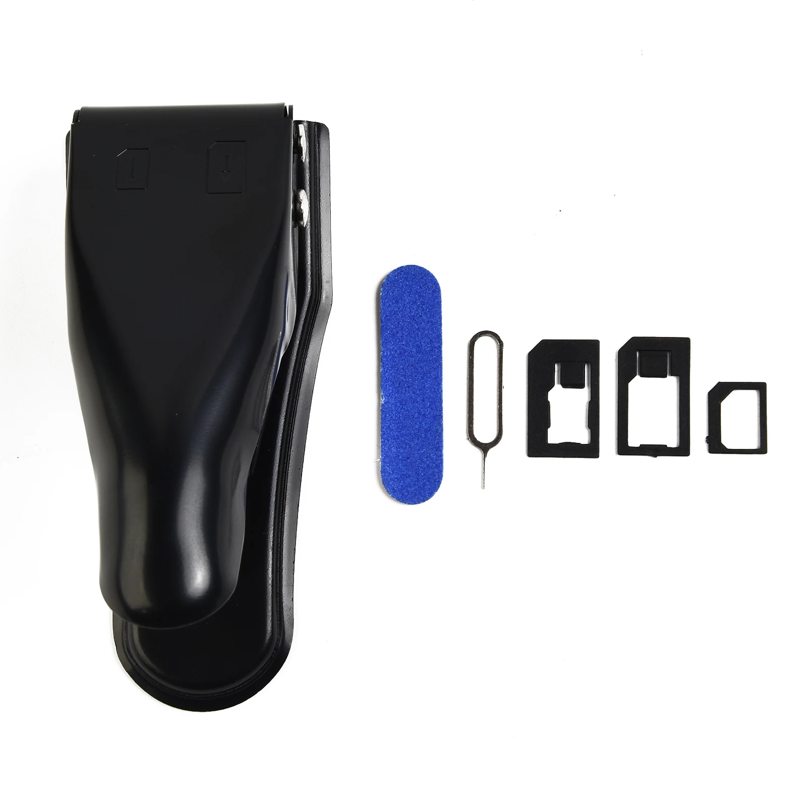 Adapter, SIM-Kartenschneider, 122 x 55 x 67 mm, 5-in-1, 5 Stück, legierter Stahl, schwarz, korrekter Schnitt, Auswurfstift, multifunktional, präzise Passform