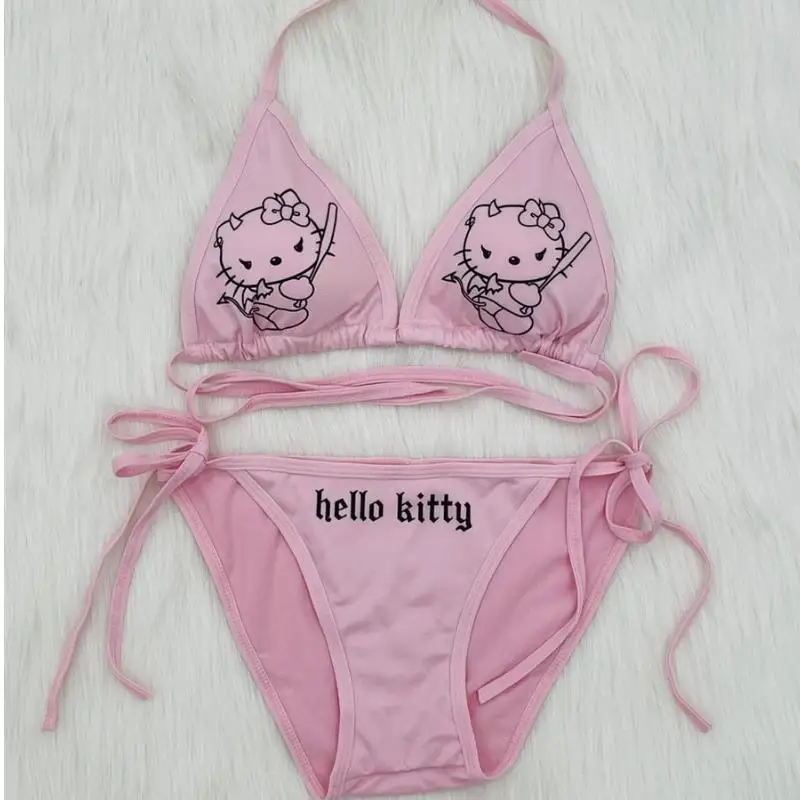

2Pcs Sanrio Sexy Bikini Hello Kitty Swimsuit with Chest Pad Dark Girl Fashion Triangle Bikini Swimsuit Summer Spa Beach Swimsuit