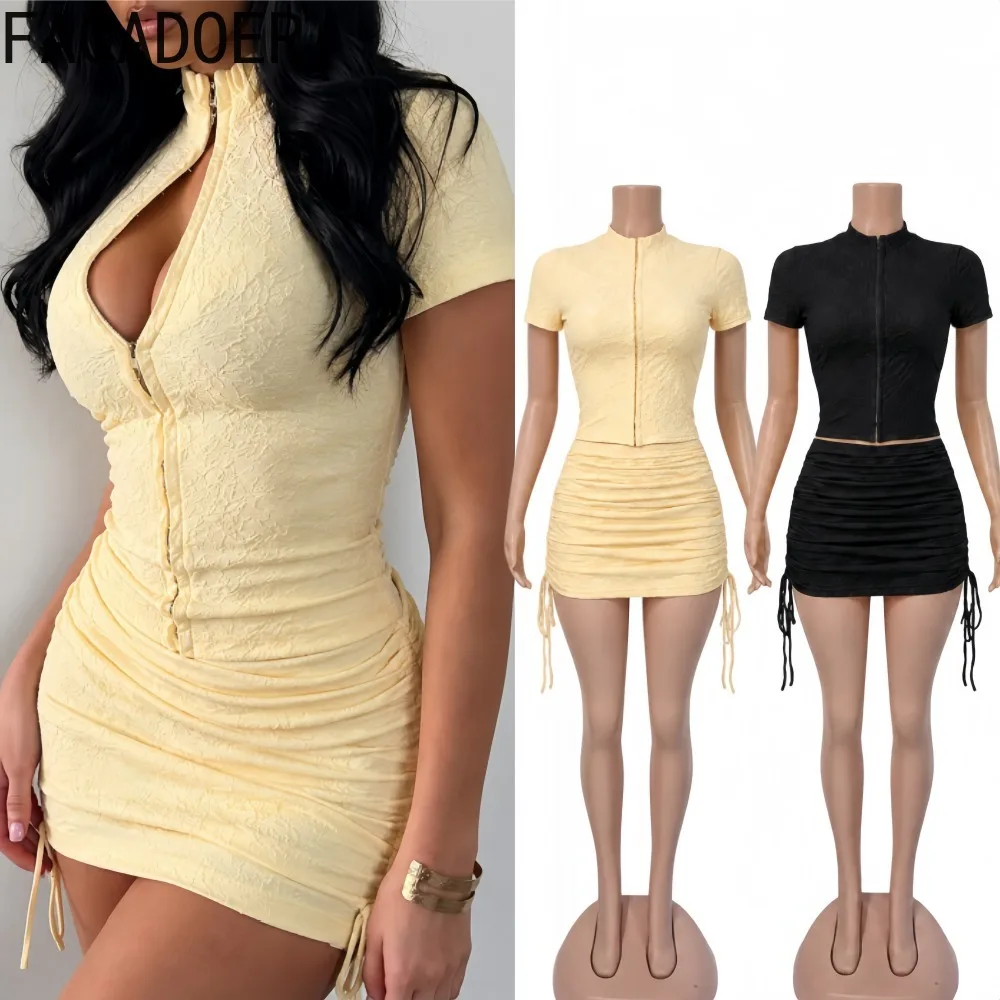 FAGADOER Women Sexy 2 Piece Outfit Button Front Short Sleeve Top Ruched Drawstring Bodycon Mini Skirt Streetwear Clubwear Set