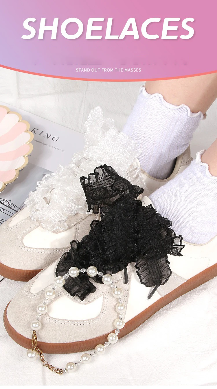 Rüschenbesetzte, transparente Schuhbänder aus Organza mit Schleife, süße, alltagstaugliche Schuhaccessoires für flache Sneaker und Freizeitschuhe. – Detail 10