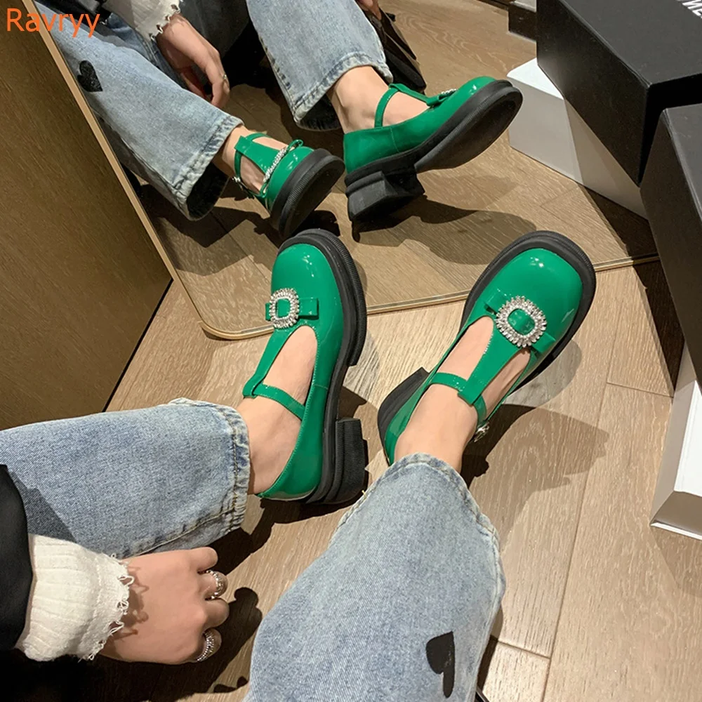 

Round Toe Chunky Heel Mary Jane High Heels Platform Square Buckle Rhinestone Shoes Women Flat with Patent Leather Casual Shoes